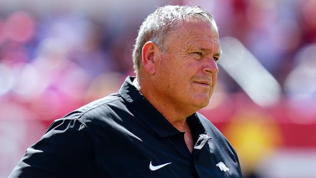 Razorbacks coach Sam Pittman during game with Alabama on Saturday